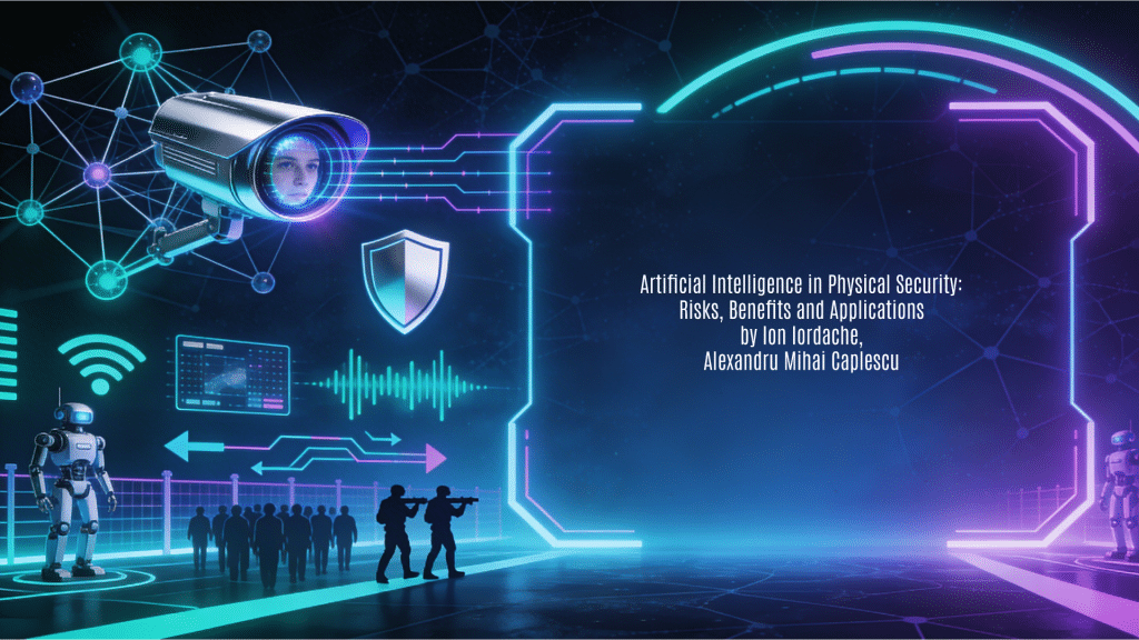 A professional 16:9 horizontal background image designed as a featured visual for the guide "Inteligența Artificială în Securitatea Fizică" by Ion Iordache and Alexandru Mihai Caplescu. It features a futuristic tech-security aesthetic in dark blue, electric teal, neon purple, and metallic silver on a subtle neural network-patterned background, symbolizing AI applications in physical security like video surveillance, perimeter protection, and crowd control. The left showcases abstract elements including interconnected neural nodes, a stylized camera eye with face recognition scan lines, shield icons, video analytics waveforms, detection fields, crowd flow arrows, and robot silhouettes; the right provides open glowing frames with innovation arcs for title overlay.