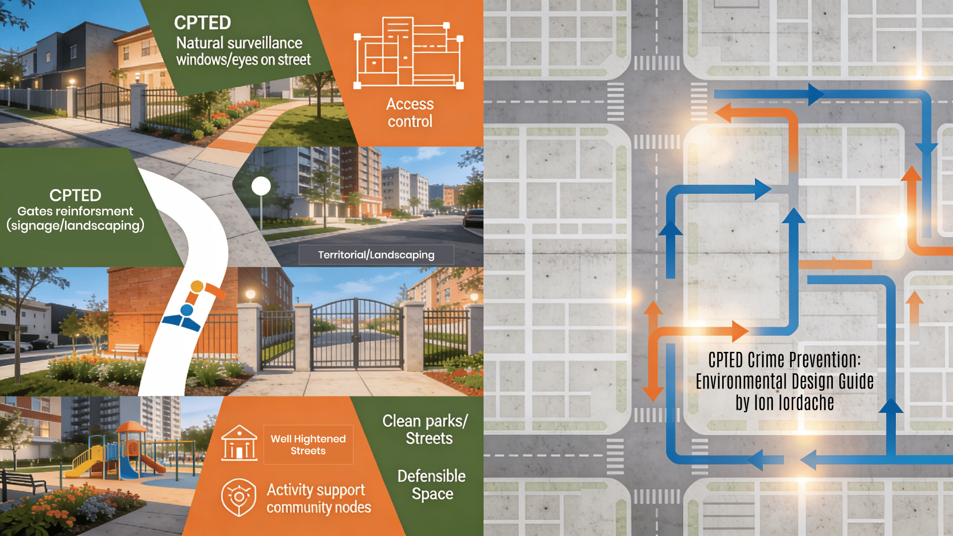 A professional 16:9 horizontal background image designed as a featured visual for "CPTED - Crime Prevention Through Environmental Design - Ghid Ilustrat" by Ion Iordache from RQM Cert. It employs a community safety urban planning aesthetic with earthy greens, warm oranges, concrete grays, and sky blues on a subtle neighborhood pathway grid background, depicting CPTED crime prevention principles through natural surveillance (windows overlooking streets), access control (defined gates/fences), territorial reinforcement (clear signage/landscaping), maintenance (clean parks), and activity support (vibrant public nodes). The left illustrates abstract safe urban design elements like lit paths and defensible spaces; the right offers clean frame panels for title overlay.