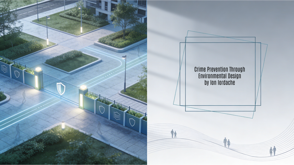 A professional 16:9 horizontal background image serving as a featured visual for a CPTED (Crime Prevention Through Environmental Design) guide. It employs a minimalist urban aesthetic with light blue and soft green tones on a subtle gray gradient, symbolizing safety via natural surveillance, access control, territorial reinforcement, and maintenance. The left showcases abstract elements like clear pathways, trimmed landscaping, integrated lighting, low boundary planters, and pedestrian flow lines with shield motifs for crime deterrence; the right offers open space framed by geometric shapes for title overlay.