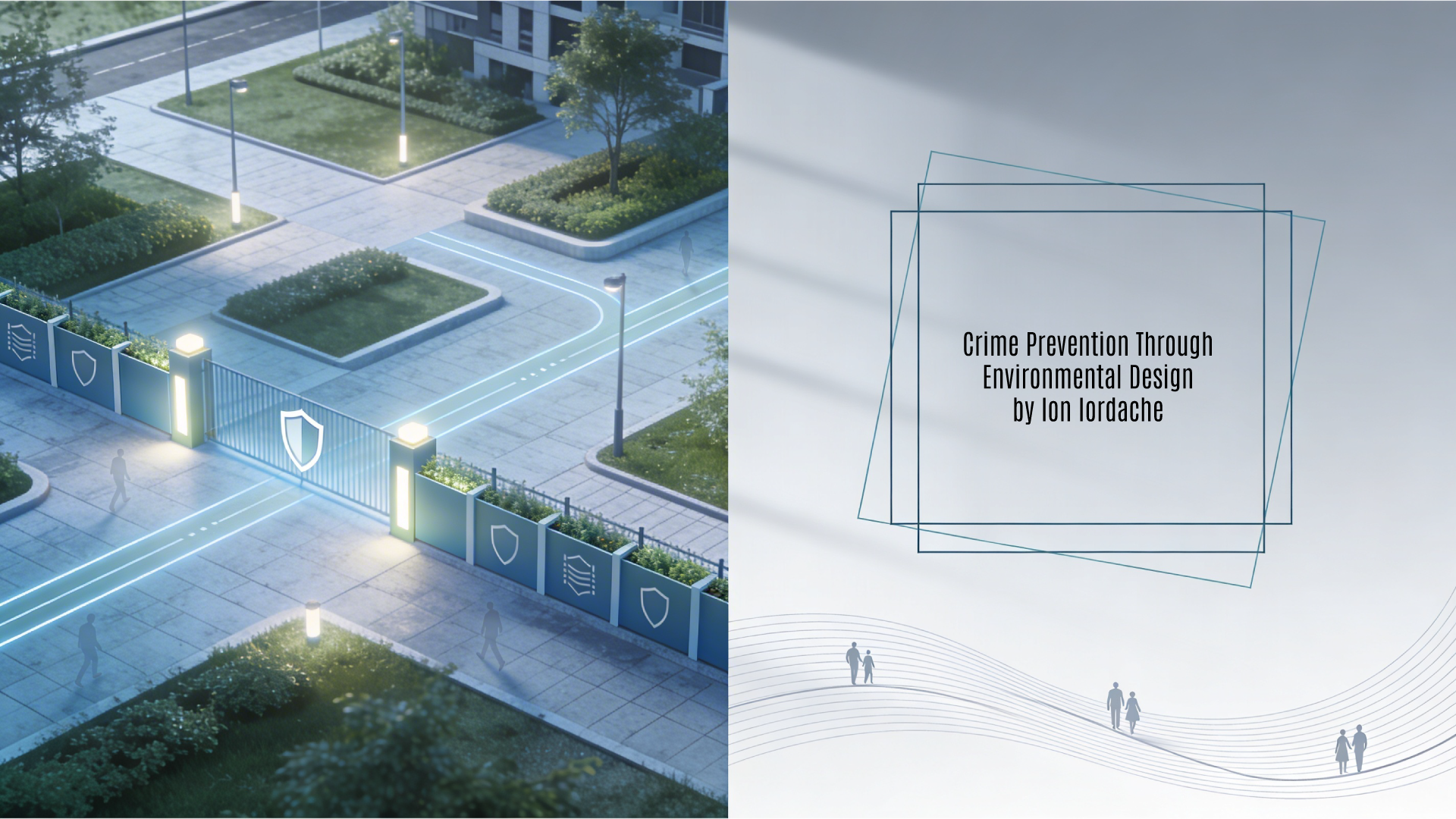 A professional 16:9 horizontal background image serving as a featured visual for a CPTED (Crime Prevention Through Environmental Design) guide. It employs a minimalist urban aesthetic with light blue and soft green tones on a subtle gray gradient, symbolizing safety via natural surveillance, access control, territorial reinforcement, and maintenance. The left showcases abstract elements like clear pathways, trimmed landscaping, integrated lighting, low boundary planters, and pedestrian flow lines with shield motifs for crime deterrence; the right offers open space framed by geometric shapes for title overlay.