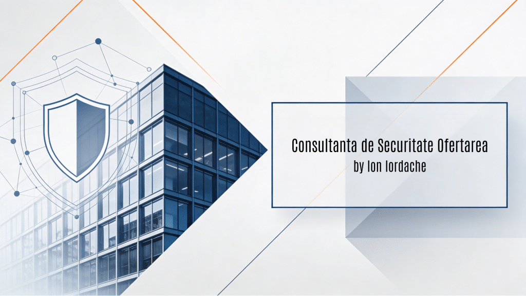 A professional horizontal background image (16:9 aspect ratio) designed as a featured visual for the How to Write a Security Consulting Proposal (Step-by-Step Guide) by Ion Iordache. It features a minimalist corporate style with a white and light gray base, accented by deep blue and subtle orange lines evoking trust and process flow. On the left, an abstract modern office building outline merges with a faint shield icon and network nodes, symbolizing physical and information security consultancy; the right side offers clean negative space with soft geometric frames for title overlay and thin diagonal lines suggesting proposal stages like cover, methodology, and deliverables.