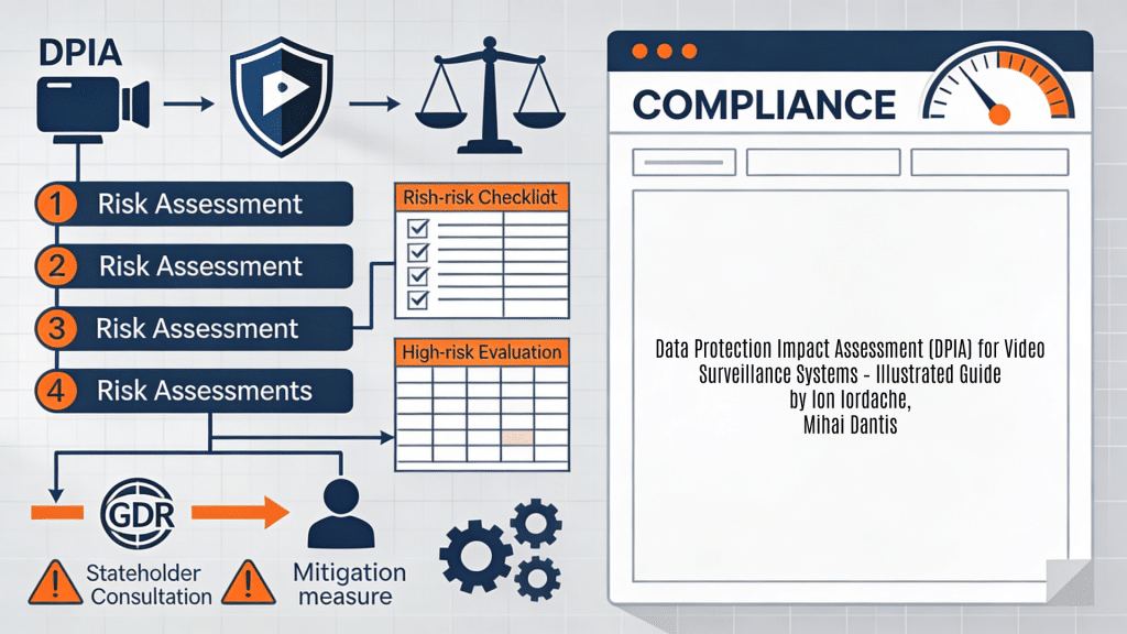 A professional 16:9 horizontal background image designed as a featured visual for the GDPR Data Protection Impact Assessment (DPIA) guide for video surveillance systems by Ion Iordache and Mihai Dantis. It features a compliance-focused aesthetic in navy blue, orange warning accents, and white on a light gray data grid background, symbolizing risk evaluation for high-risk processing. The left illustrates abstract DPIA elements like a risk assessment flowchart, video camera with privacy shield and scales, checklists for stakeholder consultation, data flows with GDPR icons, and mitigation gears; the right offers structured report frames with a risk meter for title overlay.