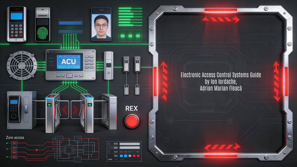 A professional 16:9 horizontal background image designed as a featured visual for "Sisteme Electronice de Control al Accesului - Ghid Ilustrat" by Ion Iordache and Adrian Marian Fleac. It features a high-security access management aesthetic in dark gray, green LED scan, metallic silver, and red authorization accents on a subtle credential-grid and portal-lock patterned background, illustrating electronic access control systems components like RFID card readers, biometric scanners (fingerprint, facial), turnstiles and mantraps, central ACU panels, electromagnetic locks, REX buttons, zone access diagrams, wiring schematics, and maintenance interfaces. The left showcases abstract elements of these secure entry features; the right provides secure frame portals with authorization flow arrows for title overlay.