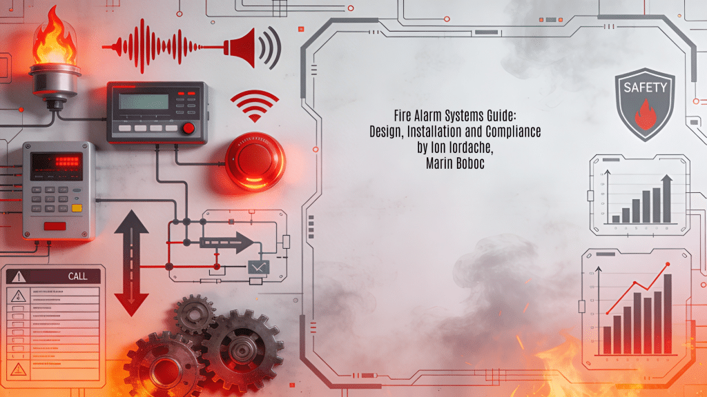 A professional 16:9 horizontal background image designed as a featured visual for "Sisteme și Instalții de Semnalizare, Alarmare și Alertare în Caz de Incendiu - Ghid Ilustrat" by Ion Iordache and Marin Boboc. It employs a safety engineering aesthetic in red alert, white, gray steel, and orange flame accents on a subtle circuit-board and smoke-patterned background, representing fire alarm systems components like flame detectors, control panels, sirens, manual call points, evacuation routes, wiring diagrams, verification checklists, and maintenance protocols. The left features abstract illustrations of these fire safety elements; the right offers schematic frame layouts with upward safety shield graphs for title overlay.