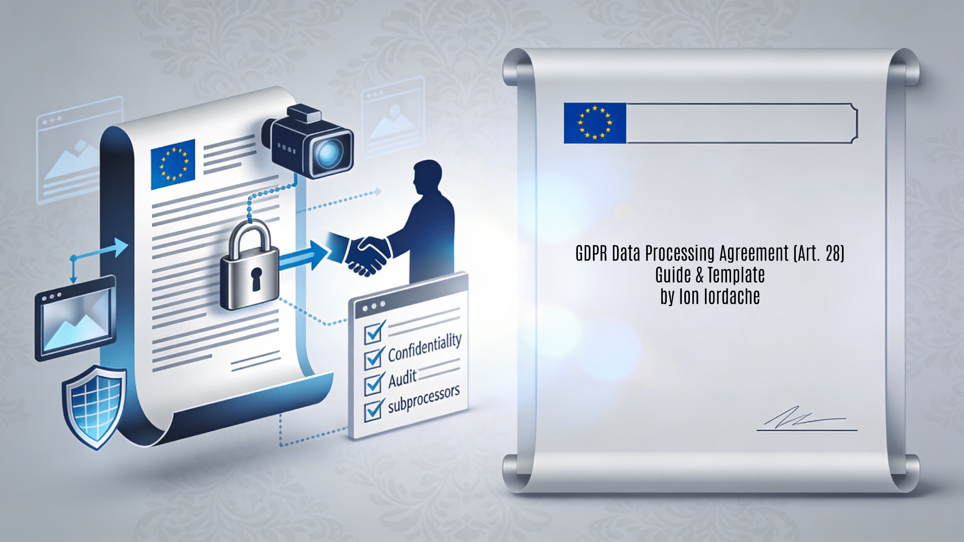 A professional 16:9 horizontal background image designed as a featured visual for a GDPR data processing agreement (Acord privind prelucrarea datelor cu caracter personal per art.28 RGPD) template for security firms handling video surveillance. It employs a secure legal corporate aesthetic in deep blue, silver, and EU flag blue on a subtle contract-scroll gray background, symbolizing compliance between operators and processors. The left features abstract elements like a stylized contract with clause icons, video camera linked to padlock and data flows, processor-operator handshake silhouette, checklists for audits/confidentiality, and privacy-shielded frames; the right offers open rectangular frames with signature lines for title overlay.