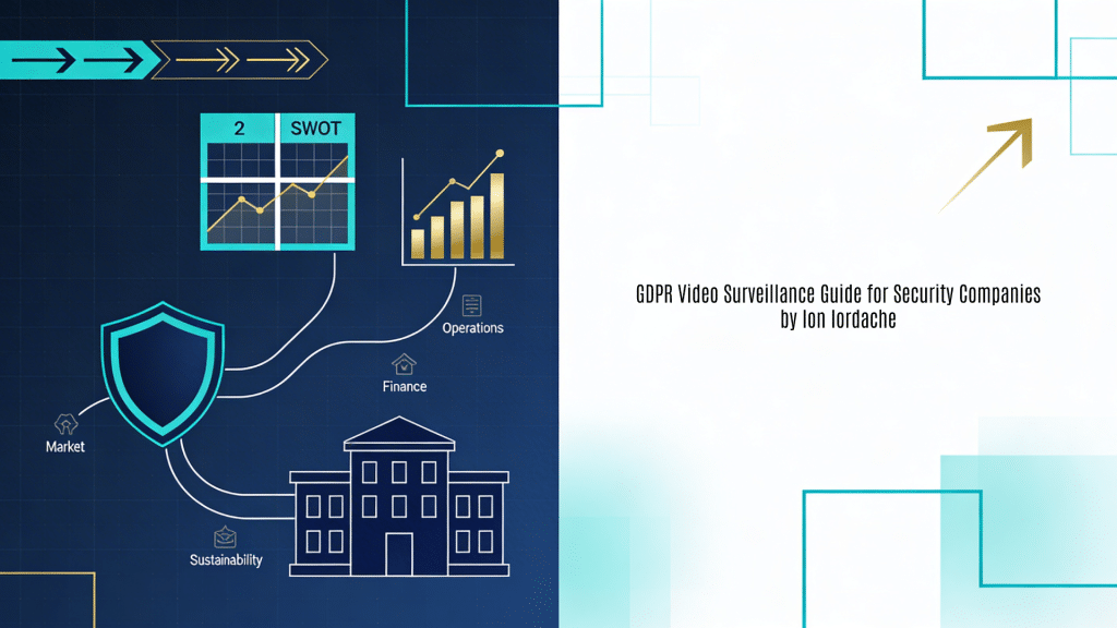 A professional 16:9 horizontal background image serving as a featured visual for GDPR compliance guidelines in video surveillance systems. It features a modern blueprint aesthetic in navy blue, teal, white, and gold accents, representing strategic data protection planning. The left showcases abstract icons including a surveillance camera with privacy shield overlay, data flow streams with lock symbols, DPIA checklist outlines, retention timeline bars, and transparent signage motifs; the right provides open geometric frames for title placement.
