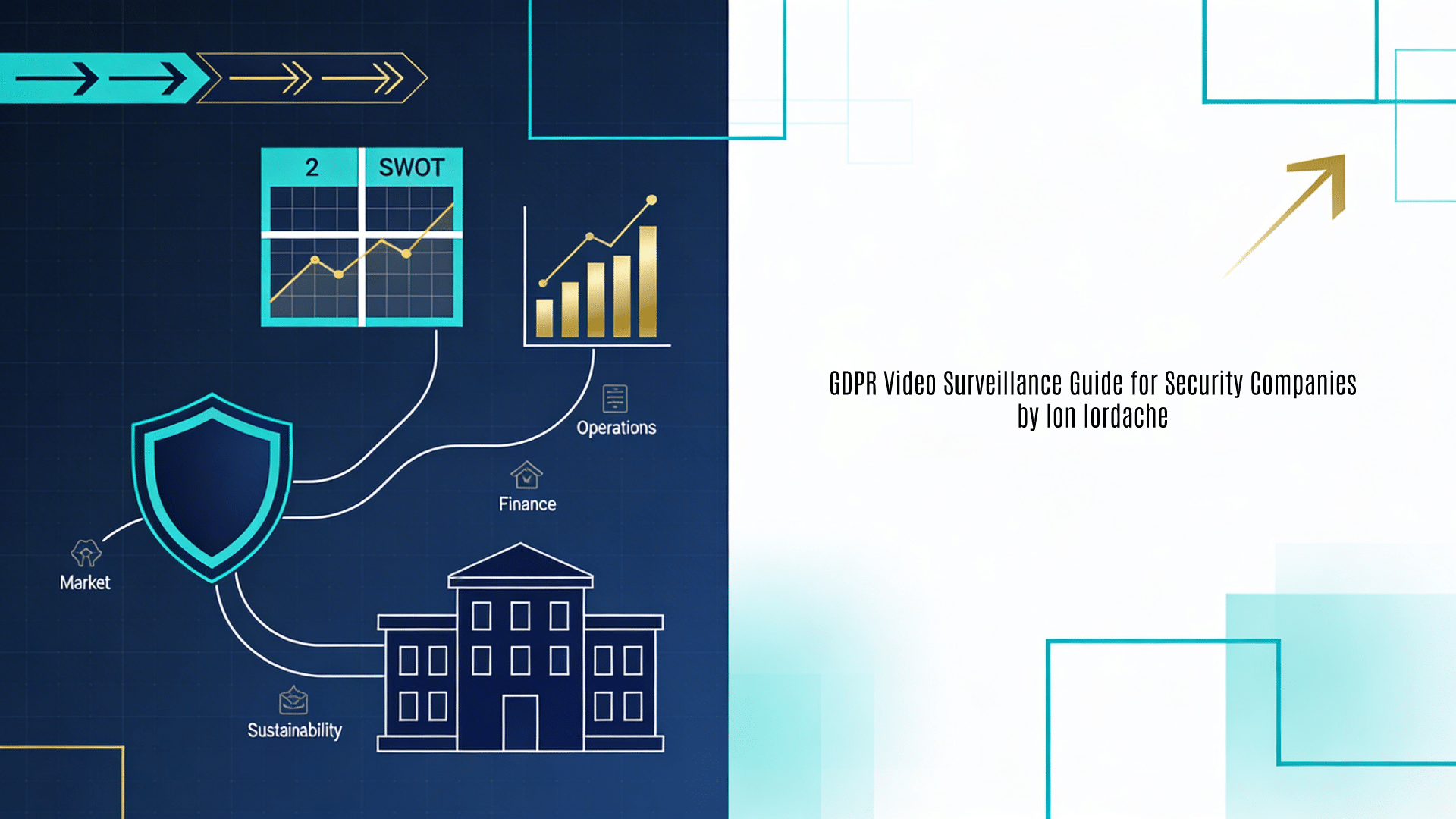 A professional 16:9 horizontal background image serving as a featured visual for GDPR compliance guidelines in video surveillance systems. It features a modern blueprint aesthetic in navy blue, teal, white, and gold accents, representing strategic data protection planning. The left showcases abstract icons including a surveillance camera with privacy shield overlay, data flow streams with lock symbols, DPIA checklist outlines, retention timeline bars, and transparent signage motifs; the right provides open geometric frames for title placement.