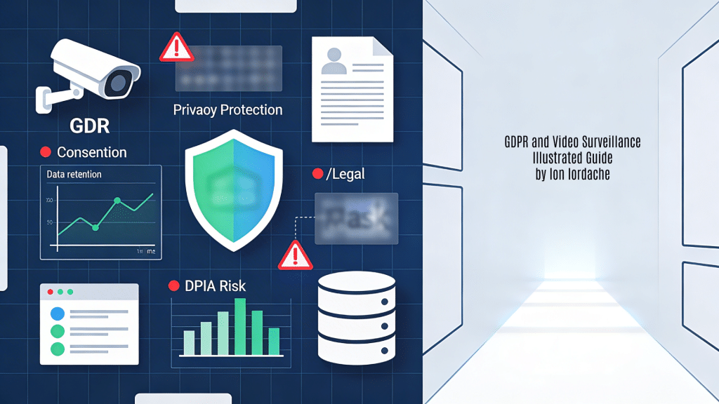 A professional 16:9 horizontal background image designed as a featured visual for "GDPR - Supravegherea Video" by Ion Iordache from Iordache Quality Services. It features a compliance-focused aesthetic in deep blue, white EU flag accents, soft green privacy motifs, and subtle red alert highlights on a clean data protection grid with faint camera lens overlay patterns, representing GDPR video surveillance compliance elements like CCTV cameras with privacy blur masks, consent notification signs, data minimization zones, storage timeline clocks, DPIA assessment charts, secure lock icons, and legal document stacks. The left abstractly illustrates key privacy protection features; the right provides clean panel frames with balanced transparency flow lines for title overlay.