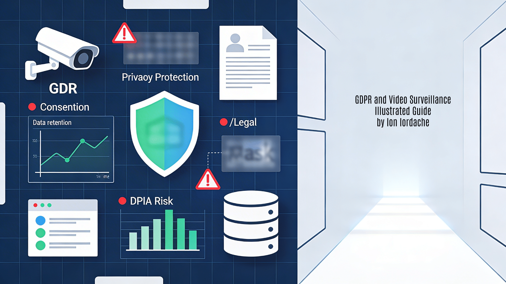 A professional 16:9 horizontal background image designed as a featured visual for "GDPR - Supravegherea Video" by Ion Iordache from Iordache Quality Services. It features a compliance-focused aesthetic in deep blue, white EU flag accents, soft green privacy motifs, and subtle red alert highlights on a clean data protection grid with faint camera lens overlay patterns, representing GDPR video surveillance compliance elements like CCTV cameras with privacy blur masks, consent notification signs, data minimization zones, storage timeline clocks, DPIA assessment charts, secure lock icons, and legal document stacks. The left abstractly illustrates key privacy protection features; the right provides clean panel frames with balanced transparency flow lines for title overlay.
