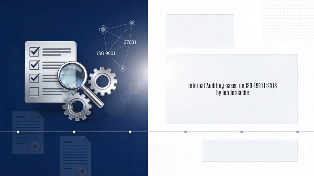 A professional 16:9 horizontal background image designed as a featured visual for a training brochure on "Internal Auditing based on ISO 19011:2018". It features a minimalist corporate aesthetic in navy blue, white, and metallic silver tones symbolizing precision and compliance. The left side shows abstract elements including a stylized checklist transforming into a magnifying glass over gears for audit processes, interconnected nodes representing ISO management systems, document stacks with stamps, and timeline lines for the 2-day virtual agenda; the right provides open space with grid frames for title overlay.