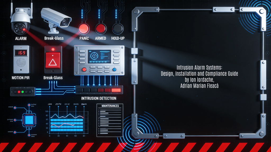 A professional 16:9 horizontal background image designed as a featured visual for "Sisteme de Alarmă la Efracție și Jaf Armat - Ghid Ilustrat" by Ion Iordache and Adrian Marian Fleac. It features a high-security intrusion detection aesthetic in black, red warning, silver metal, and blue digital accents on a subtle perimeter-grid and sensor-patterned background, illustrating intrusion alarm systems components like motion PIR sensors, break-glass panic buttons, armed hold-up triggers, central control panels, detection beams, wiring schematics, zone diagrams, and maintenance checklists. The left showcases abstract elements of these security features; the right provides modular frame blocks with radial alert waves for title overlay.