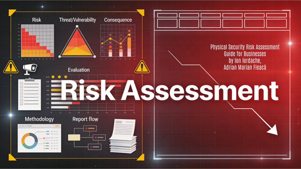 A professional 16:9 horizontal background image designed as a featured visual for "Analiza Riscurilor la Securitatea Fizică - Ghid Ilustrat" by Ion Iordache and Adrian Marian Fleac. It features an analytical risk assessment aesthetic in deep red, dark gray, and yellow warning accents on a subtle matrix-grid background, symbolizing physical security risk evaluation methodologies, grids, and threat analysis. The left showcases abstract elements like risk heatmaps, threat-vulnerability-consequence triangles, scoring scales, perimeter camera icons, checklists, and flowcharts; the right provides tabular frames with descending risk graphs for title overlay.(