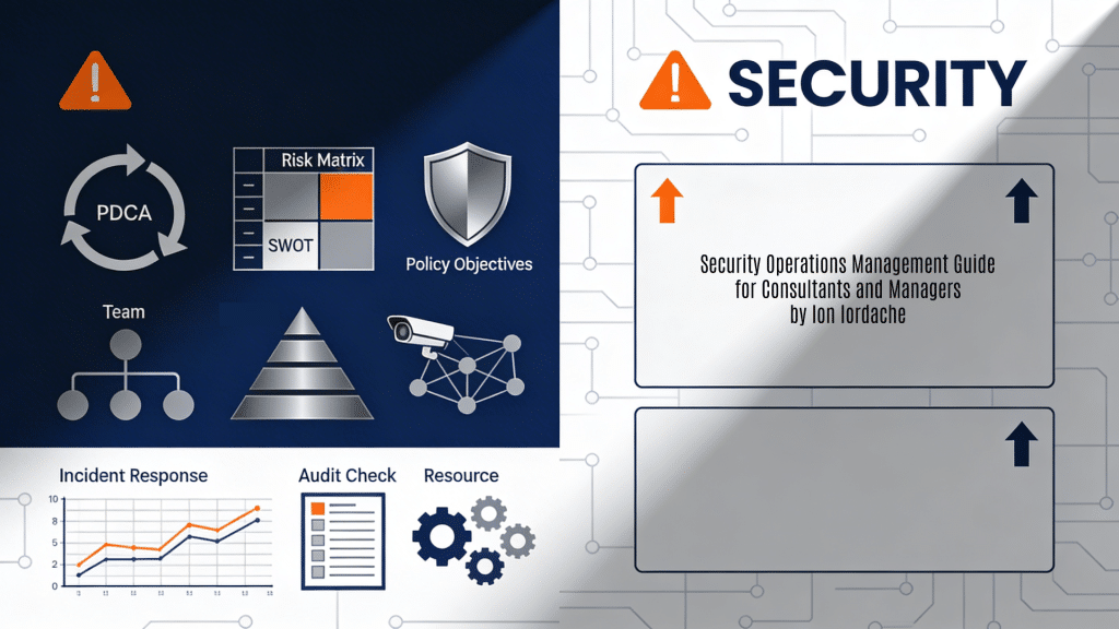 A professional 16:9 horizontal background image designed as a featured visual for "Managementul Operațiunilor de Securitate - Ghid Ilustrat" by Ion Iordache. It employs a structured corporate security aesthetic in navy blue, steel gray, and orange alert accents on a subtle flowchart background, representing security operations management frameworks like PDCA cycles, risk matrices, policy shields, team hierarchies, surveillance networks, incident timelines, and audit processes. The left features abstract elements including SWOT quadrants, resource gears, and process arrows; the right provides modular frame blocks with upward trajectory lines for title overlay.