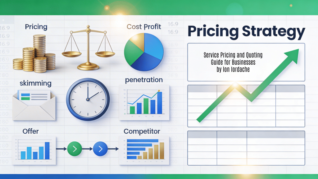 A professional 16:9 horizontal background image designed as a featured visual for "Calcularea Prețurilor și Ofertarea - Ghid Ilustrat" by Ion Iordache. It features a business pricing strategy aesthetic in green success, blue corporate tones, and gold highlights on a subtle calculator-grid and chart-patterned background, illustrating service pricing and quoting methodologies for security services. The left showcases abstract elements like stacked coin pyramids, cost-profit balance scales, pie charts for skimming/penetration strategies, hourly rate clocks, competitor comparison bars, and step-by-step flow diagrams; the right provides clean tabular frames with ascending profit arrows for title overlay.
