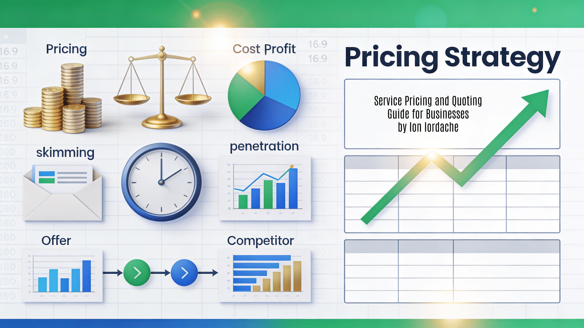 A professional 16:9 horizontal background image designed as a featured visual for "Calcularea Prețurilor și Ofertarea - Ghid Ilustrat" by Ion Iordache. It features a business pricing strategy aesthetic in green success, blue corporate tones, and gold highlights on a subtle calculator-grid and chart-patterned background, illustrating service pricing and quoting methodologies for security services. The left showcases abstract elements like stacked coin pyramids, cost-profit balance scales, pie charts for skimming/penetration strategies, hourly rate clocks, competitor comparison bars, and step-by-step flow diagrams; the right provides clean tabular frames with ascending profit arrows for title overlay.