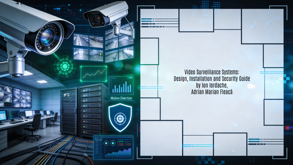 A professional 16:9 horizontal background image designed as a featured visual for "Sisteme de Supraveghere Video pentru Utilizare în Aplicații de Securitate - Ghid Ilustrat" by Ion Iordache and Adrian Marian Fleac. It features a surveillance technology aesthetic in dark blue, green night-vision, silver chrome, and white accents on a subtle pixel-grid and multi-feed monitor-patterned background, representing video surveillance systems components like PTZ cameras with zoom lenses, multi-screen control rooms, motion detection overlays, NVR storage racks, AI analytics graphs, cabling networks, GDPR compliance shields, and maintenance dashboards. The left showcases abstract elements of these security monitoring features; the right provides grid frame layouts with live-feed stream lines for title overlay.