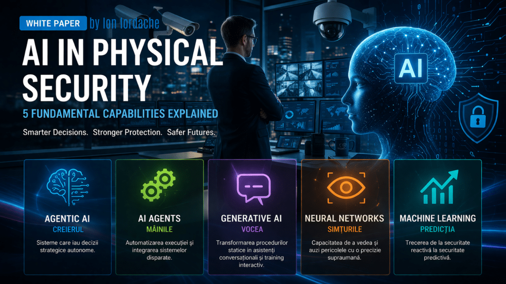 AI in physical security concept with advanced surveillance cameras, AI analytics dashboard, and automated security systems in a modern control room
