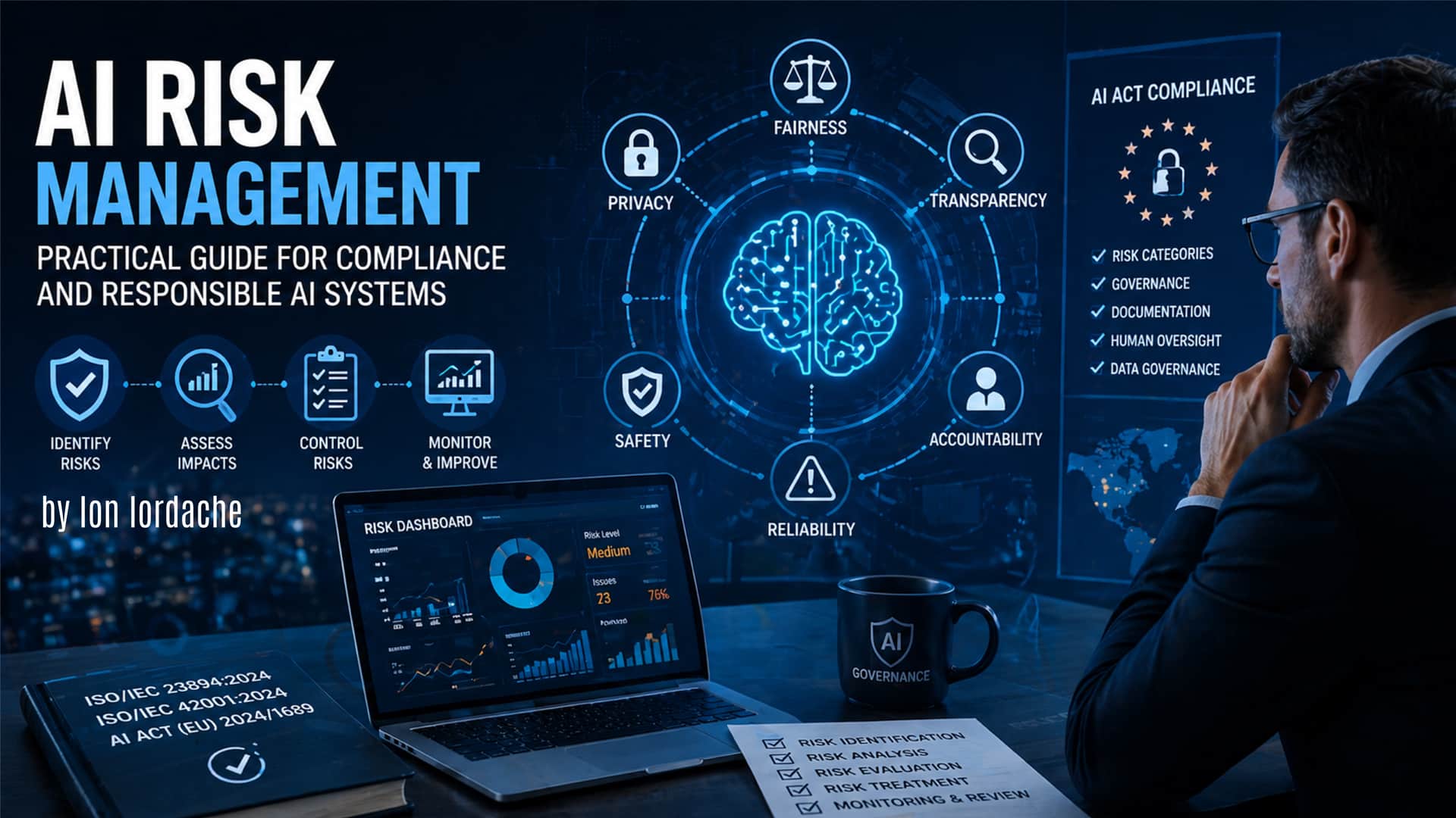 AI risk management illustration showing digital dashboard, compliance elements, and decision-making in a modern security environment.