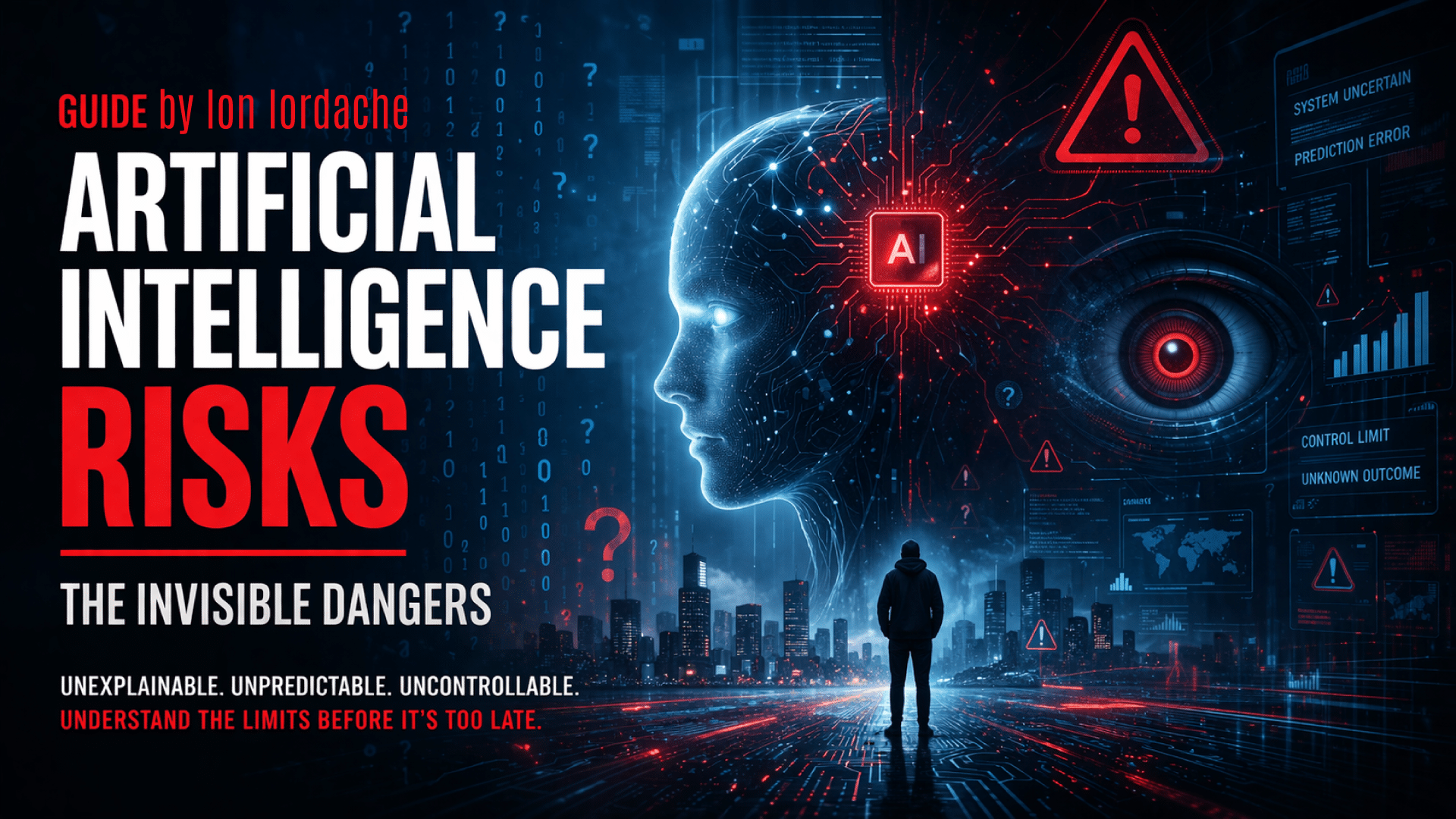 Artificial intelligence risks illustrated with a futuristic AI system, warning alerts, and human interaction in a high-tech environment.