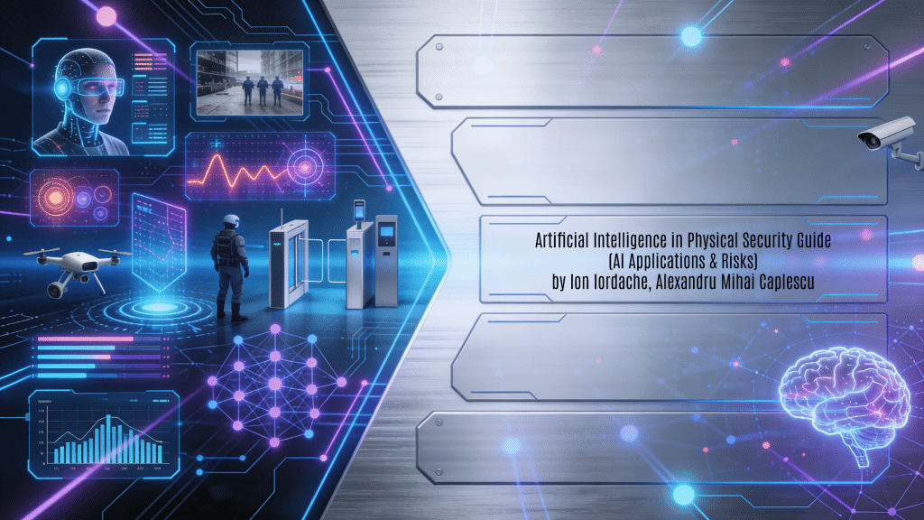 A professional 16:9 horizontal background image designed as a featured visual for "Inteligența Artificială în Securitatea Fizică - Ghid Ilustrat, Ediția a II-a" by Ion Iordache and Alexandru Mihai Caplescu from RQM Cert. It features a futuristic cybersecurity aesthetic with metallic silver surfaces, electric blue holographic glows, neon purple circuit accents, and neural network patterns over subtle CCTV grid and AI neural core overlays, abstractly depicting artificial intelligence in physical security through facial recognition scanning beams, real-time anomaly detection heatmaps, autonomous security drone patrols, biometric smart access portals, behavioral analysis waveforms, intelligent video analytics streams, and deep learning algorithm node clusters. The left showcases interconnected AI security technologies; the right provides clean modular interface frames for title overlay.