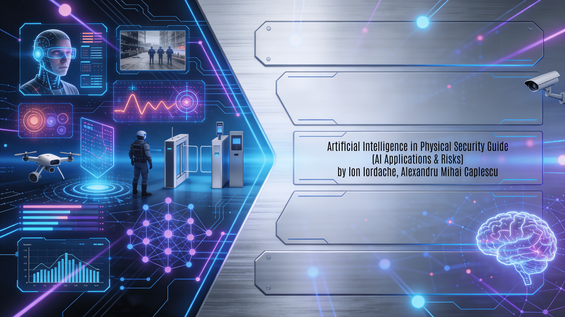 A professional 16:9 horizontal background image designed as a featured visual for "Inteligența Artificială în Securitatea Fizică - Ghid Ilustrat, Ediția a II-a" by Ion Iordache and Alexandru Mihai Caplescu from RQM Cert. It features a futuristic cybersecurity aesthetic with metallic silver surfaces, electric blue holographic glows, neon purple circuit accents, and neural network patterns over subtle CCTV grid and AI neural core overlays, abstractly depicting artificial intelligence in physical security through facial recognition scanning beams, real-time anomaly detection heatmaps, autonomous security drone patrols, biometric smart access portals, behavioral analysis waveforms, intelligent video analytics streams, and deep learning algorithm node clusters. The left showcases interconnected AI security technologies; the right provides clean modular interface frames for title overlay.