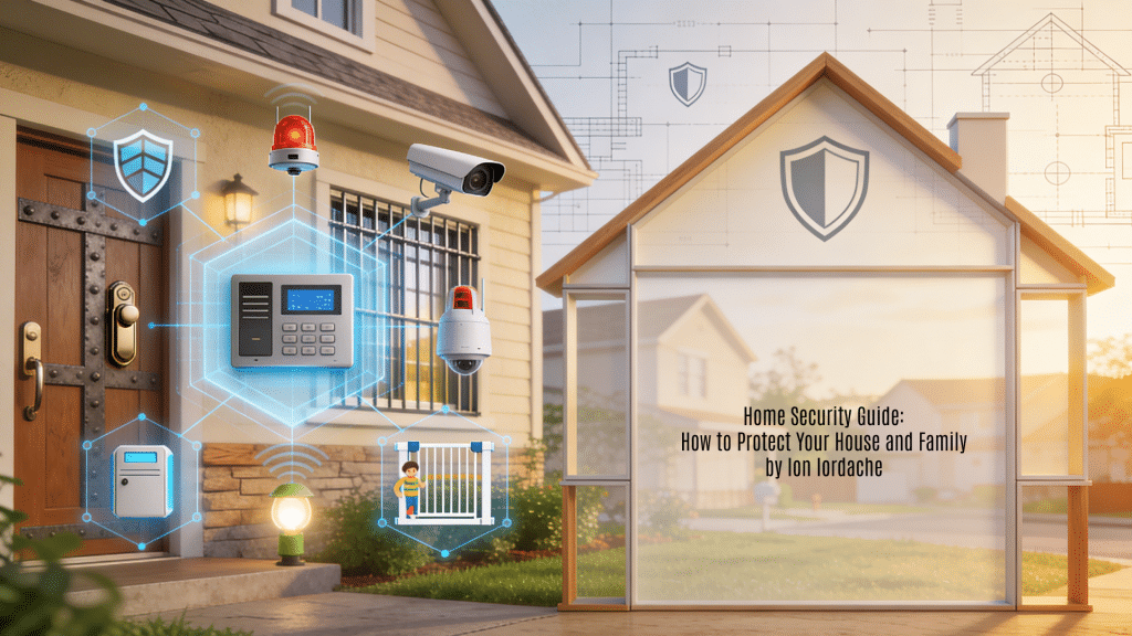 A professional 16:9 horizontal background image serving as a featured visual for the "Securitatea Locuinței" Home Security Guide by Ion Iordache from RQM Cert and iQS. It presents a warm, reassuring residential safety aesthetic in beige tones, soft blues, green highlights, wood grain textures, and shield motifs against a subtle house blueprint and neighborhood backdrop, featuring key home security elements like reinforced doors with secure locks, window protection bars and films, alarm control panels, CCTV cameras, fire/smoke detectors, motion-activated smart lighting, child safety gates, and layered perimeter defense diagrams. The left side abstracts these protective measures; the right offers clean modular panels ideal for title overlays.