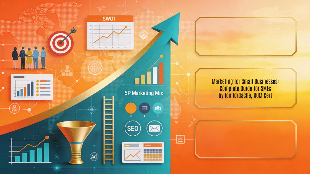 A professional 16:9 horizontal background image serving as a featured visual for "Ghid Ilustrat Marketing pentru Microîntreprinderi și IMM-uri" by Ion Iordache from RQM Cert, part of the "Suport pentru Afaceri în România" project. It employs a dynamic business growth aesthetic with vibrant orange gradients, teal strategy lines, gold success highlights, upward-trending growth charts, and marketing icon overlays against a subtle market segmentation map and digital campaign network backdrop, abstractly representing marketing for small businesses through target audience cluster diagrams, market research analytics graphs, SWOT analysis matrices, 5P marketing mix wheels (Product, Price, Promotion, Place, People), social media conversion funnels, SEO ranking ladders, email automation flows, and ROI performance dashboards. The left side visualizes interconnected small business marketing strategies; the right maintains clean modular panel spaces for title overlays.