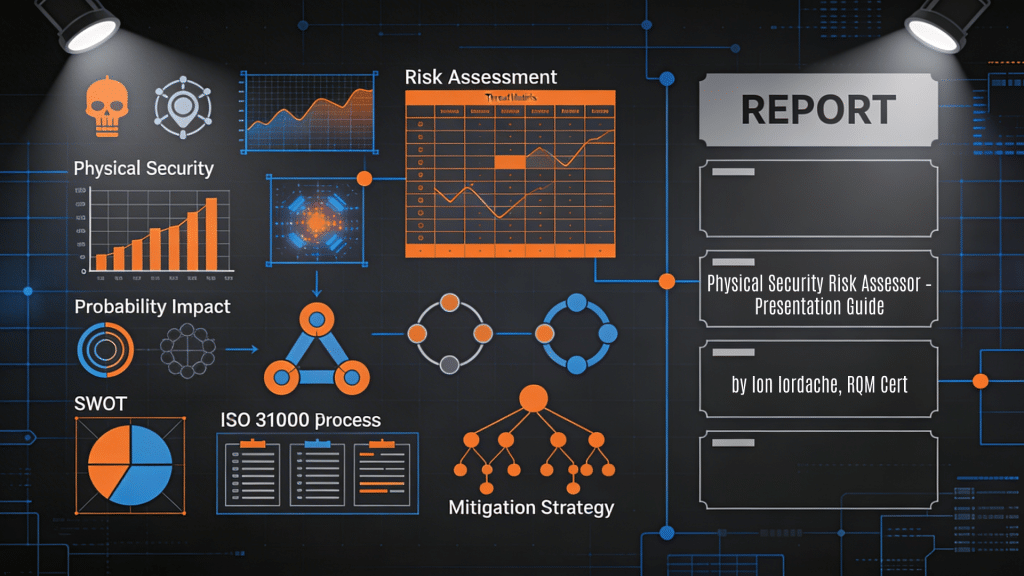 A professional 16:9 horizontal background image serving as a featured visual for "Evaluator de Risc la Securitatea Fizică - Ghid de Prezentare" (COD COR 242115) by Ion Iordache from RQM Cert. It employs an analytical precision aesthetic with dark graphite backgrounds, critical orange risk matrices, technical blue data lines, and grid frameworks over subtle threat landscape heatmaps and vulnerability assessment flowcharts, abstractly representing the physical security risk assessor role through threat profiling icons, site vulnerability scans, probability-impact risk matrices, bow-tie hazard analysis diagrams, SWOT strategic quadrants, ISO 31000 risk management cycles, on-site inspection checklists, and layered mitigation strategy decision trees. The left visualizes comprehensive risk evaluation methodologies; the right offers clean modular assessment panel spaces for title overlays.