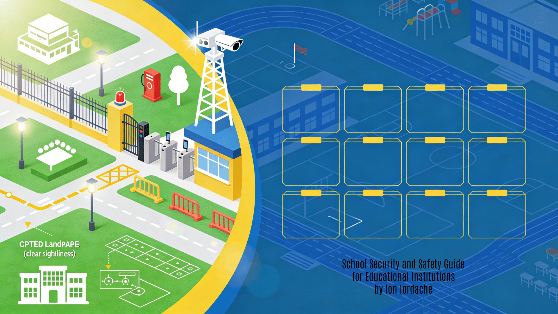 A professional 16:9 horizontal background image designed as a featured visual for "Ghid Ilustrat Securitatea și Siguranța Unităților de Învățământ" by Ion Iordache from RQM Cert. It employs an educational safety aesthetic with vibrant blues, yellow school colors, green fields, and white protective icons against a subtle campus blueprint and playground grid, abstractly depicting school security and safety measures like perimeter fencing with controlled gates, access turnstiles, elevated CCTV surveillance towers, fire alarm/evacuation path markers, CPTED landscaping with clear sightlines and pathway lighting, secure playground enclosures, and layered emergency response flowcharts. The left illustrates these protective campus elements; the right provides clean modular classroom frames for title overlay.