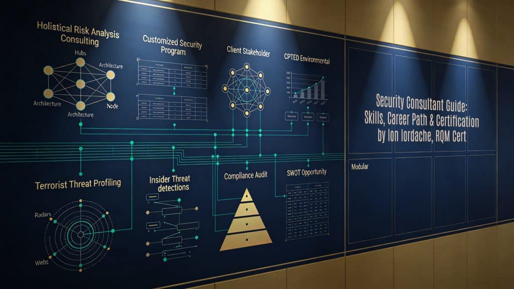 A professional 16:9 horizontal background image serving as a featured visual for "Consultant de Securitate - Ghid de Prezentare" (COD COR 242113) by Ion Iordache from RQM Certification. It adopts a strategic advisory aesthetic with sleek navy blues, authoritative gold accents, emerald green strategy lines, and network overlay patterns across subtle organizational flowcharts and integrated security blueprints, abstractly depicting security consulting through holistic risk analysis hubs, customized security program architectures, client-stakeholder collaboration nodes, CPTED environmental redesign schematics, terrorist threat profiling radars, insider threat detection webs, compliance audit pathways, SWOT opportunity matrices, and multi-layered mitigation strategy pyramids. The left side illustrates comprehensive consulting methodologies; the right provides clean modular panel spaces for title overlays.