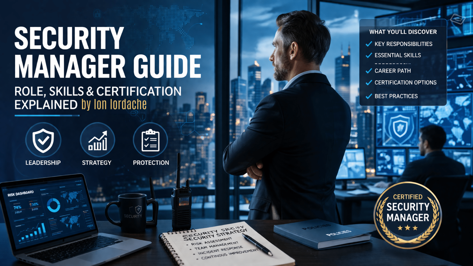 Security manager guide featured image showing leadership, strategy, and risk management in a modern security operations center