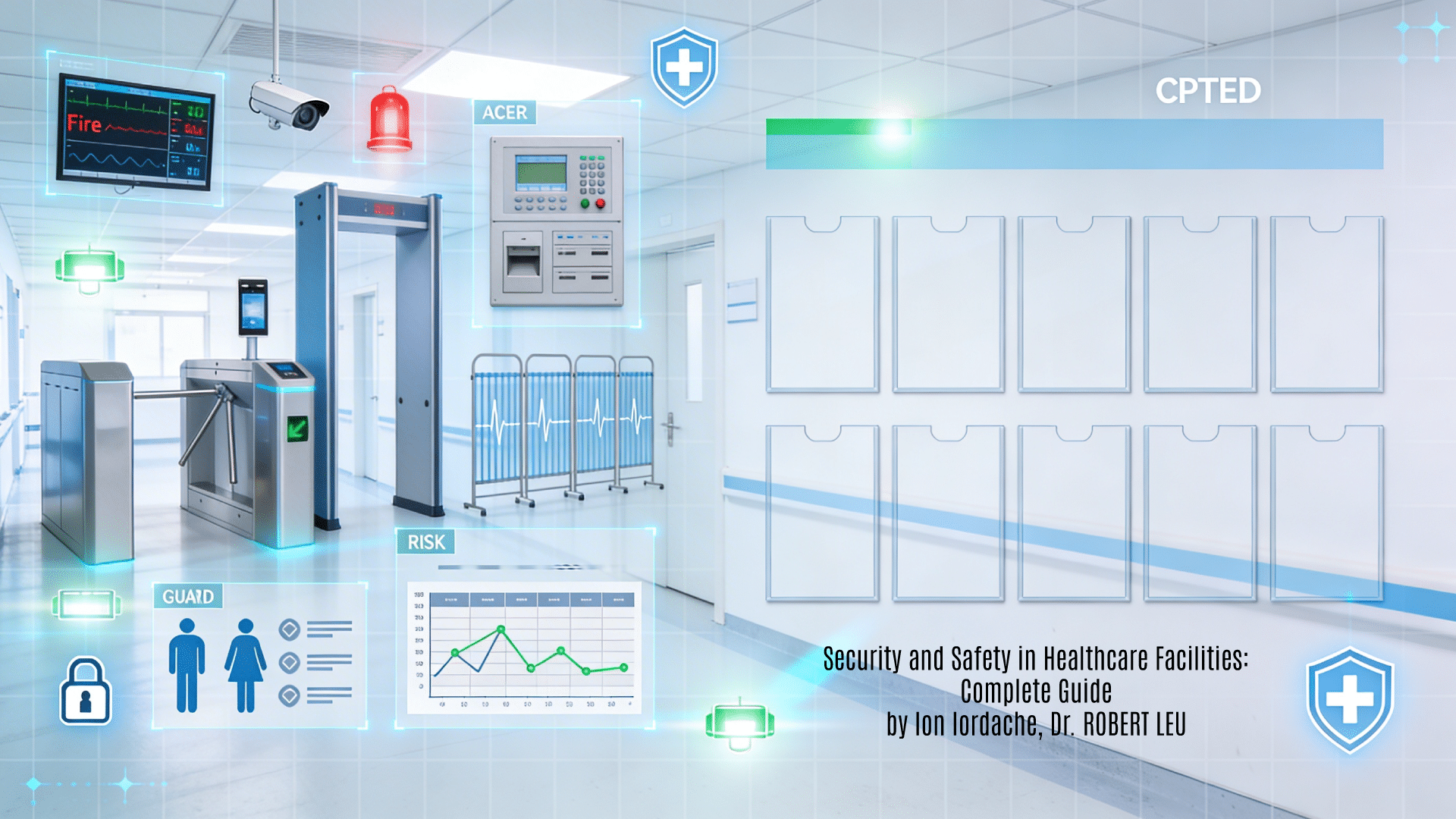 A professional 16:9 horizontal background image serving as a featured visual for "Securitatea și Sigurana Unităților Sanitare - Ghid Ilustrat V.01 2023" by Ion Iordache and Dr. Robert Leu. It features a sterile clinical aesthetic with crisp white surfaces, calming institutional blues, protective green highlights, shield motifs, and security grid patterns over subtle hospital hallway layouts and CPTED environmental design overlays, abstractly representing security and safety in healthcare facilities through biometric access turnstiles, multi-screen CCTV monitoring stations, integrated fire detection panels, uniformed guard patrol routes, layered risk assessment matrices, reinforced perimeter barriers, emergency response lighting arrays, and cybersecurity vault icons. The left visualizes comprehensive healthcare protection systems; the right provides clean modular medical panel spaces for title overlays.