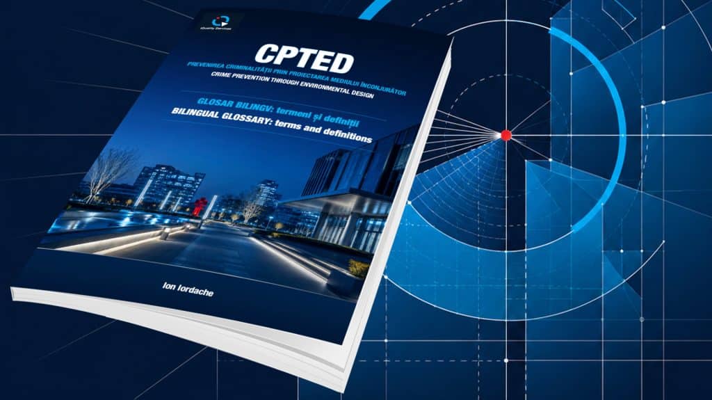 Bilingual CPTED Glossary cover showing English and Romanian CPTED terms and definitions based on SR ISO 22341:2022