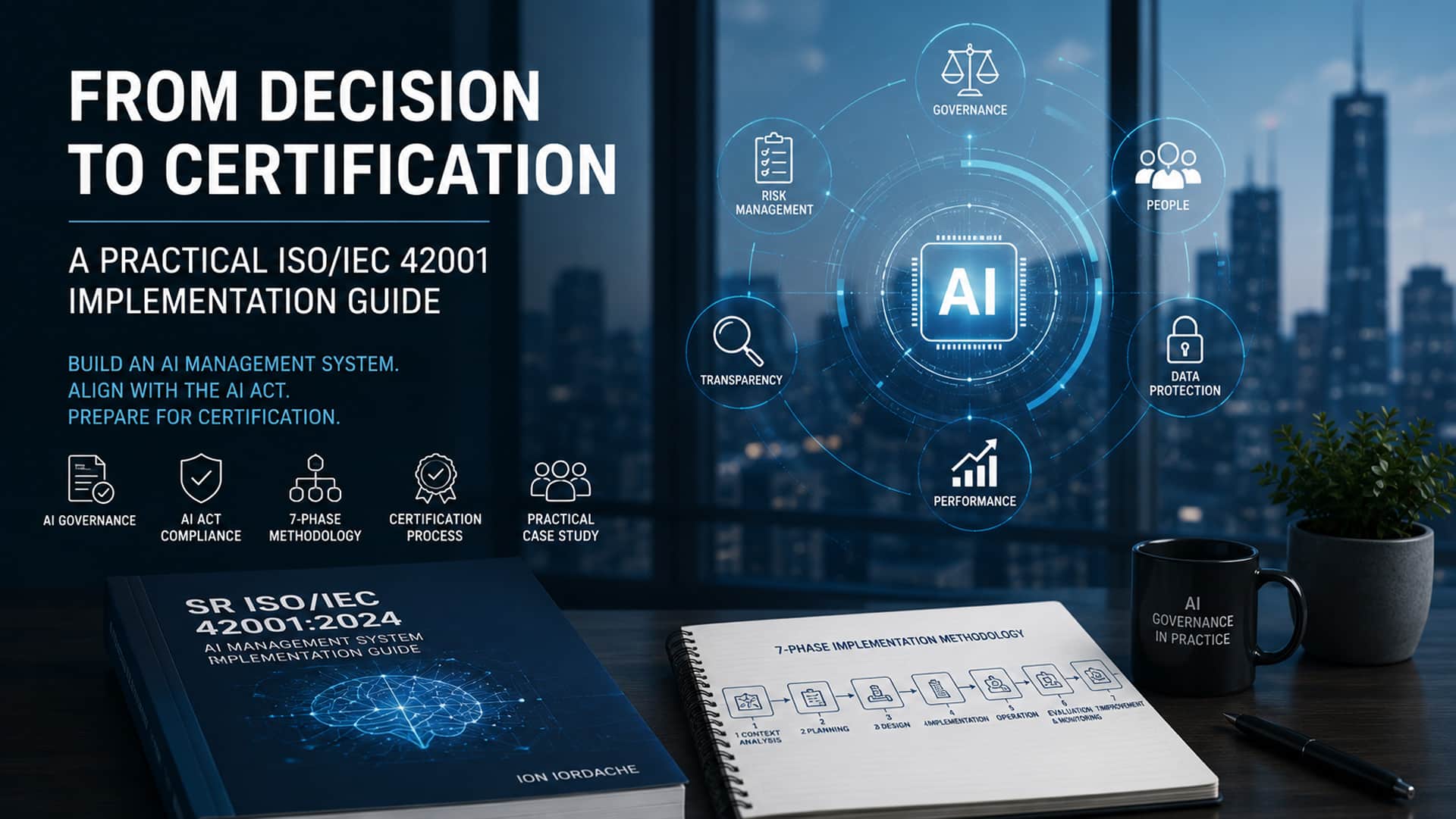 ISO/IEC 42001 Implementation Guide illustrating AI governance, AI Act compliance, risk management, and certification preparation